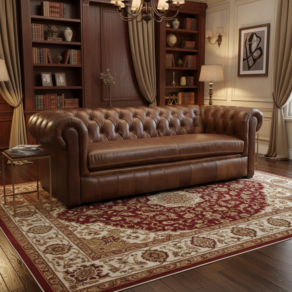 Brown leather sofa on a concrete floor with a white wall background