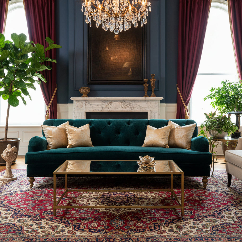 Green velvet sofa with tufted backrest on a concrete floor.