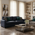 Blue leather sofa on a beige floor with a white wall background